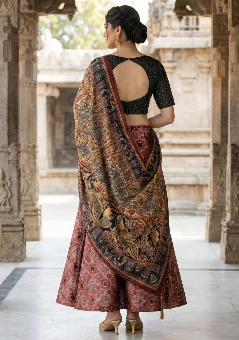 Black Printed Satin Lehenga Set for Diwali and Festive Wear - Indya