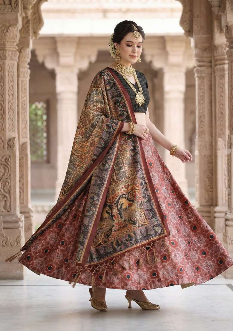 Black Printed Satin Lehenga Set for Diwali and Festive Wear - Indya