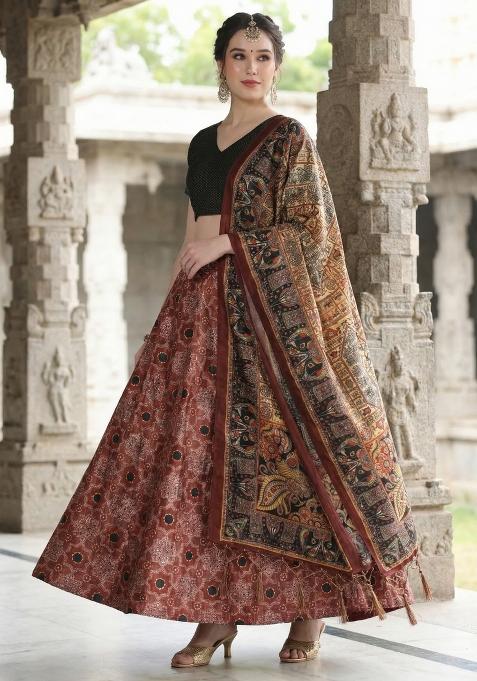 Black Printed Satin Lehenga Set