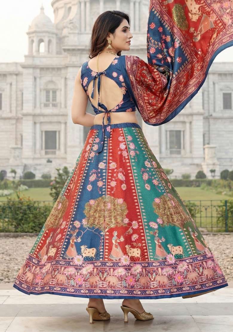 Blue Satin Lehenga Set with Printed for Diwali | Wedding & Festive Wear - Indya