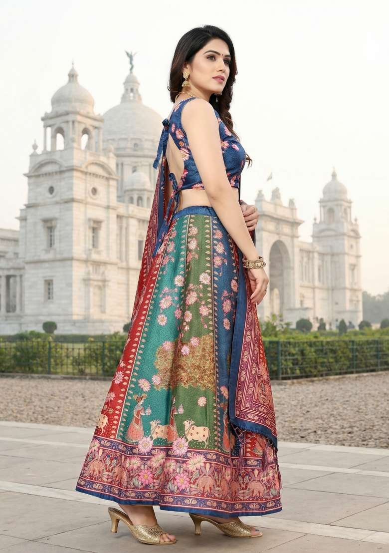 Blue Satin Lehenga Set with Printed for Diwali | Wedding & Festive Wear - Indya