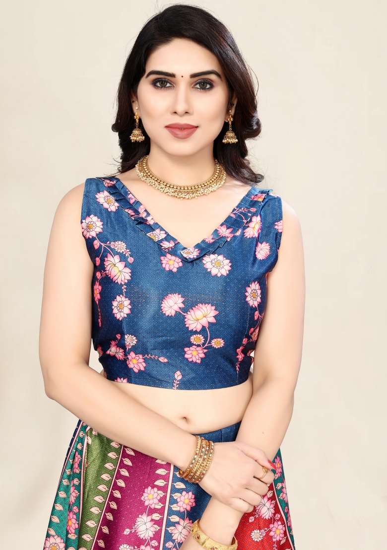 Blue Satin Lehenga Set with Printed for Diwali | Wedding & Festive Wear - Indya
