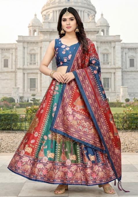 Blue Printed Satin Lehenga Set