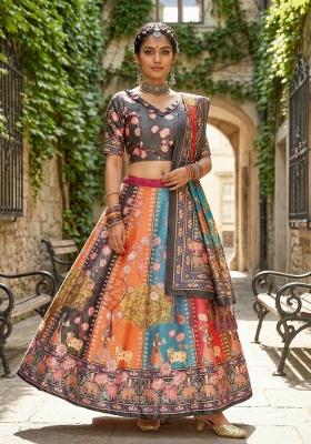 Grey Printed Satin Lehenga Set