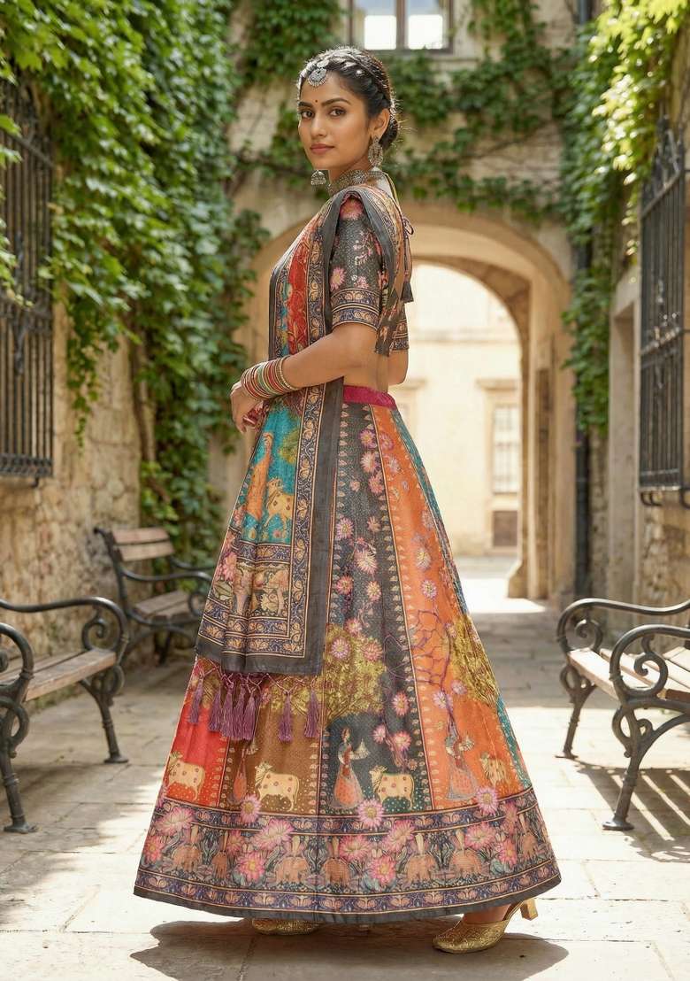 Grey Printed Satin Lehenga Set for Diwali and Festive Wear - Indya
