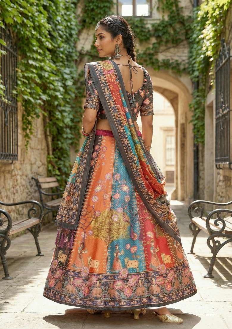 Grey Printed Satin Lehenga Set for Diwali and Festive Wear - Indya