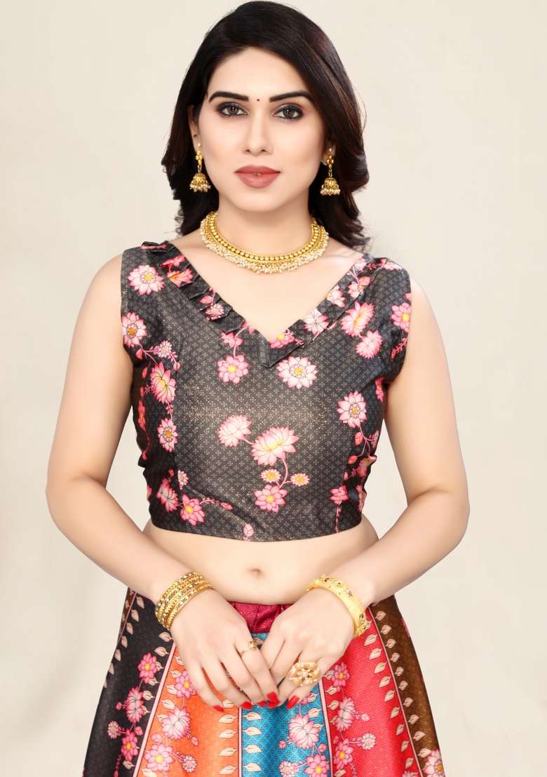 Grey Printed Satin Lehenga Set for Diwali and Festive Wear - Indya