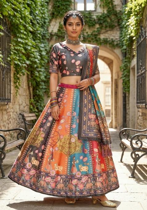 Grey Printed Satin Lehenga Set