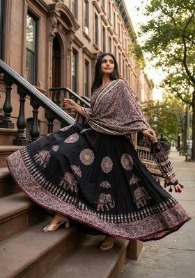 Black Printed Rayon Lehenga Set