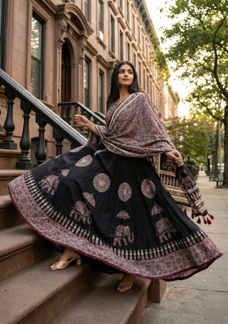Black Printed Rayon Lehenga Set for Diwali and Festive Wear - Indya