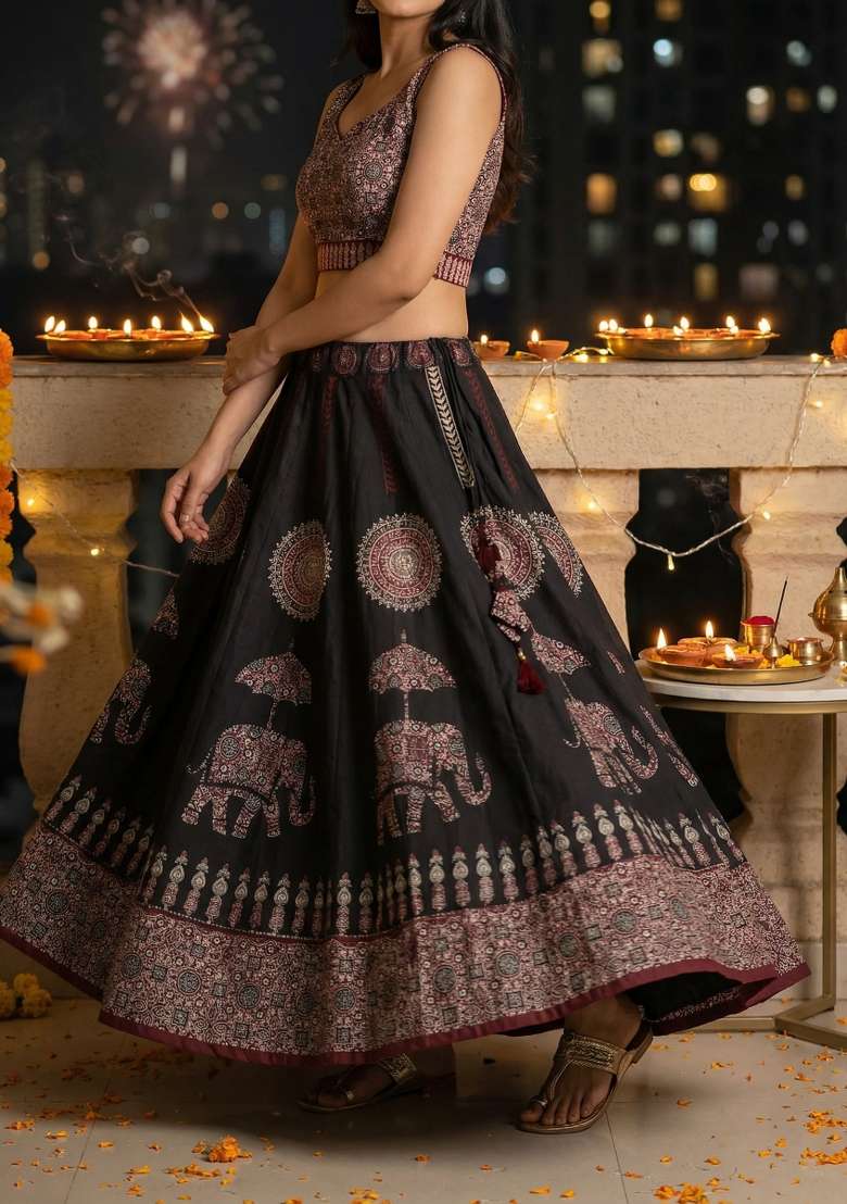 Black Printed Rayon Lehenga Set for Diwali and Festive Wear - Indya