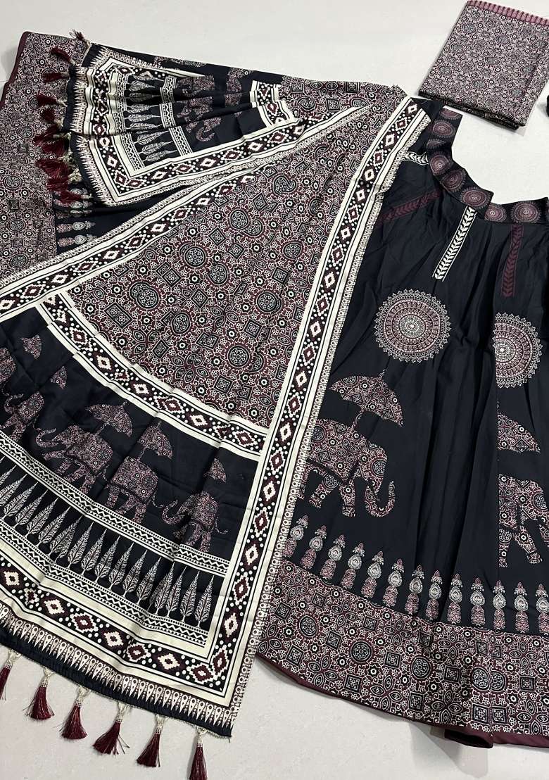 Black Printed Rayon Lehenga Set for Diwali and Festive Wear - Indya