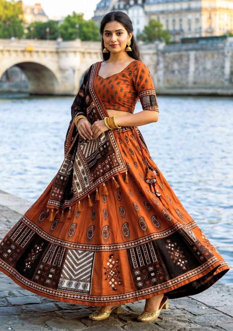 Orange Rayon Lehenga Set with Printed for Diwali | Wedding & Festive Wear - Indya