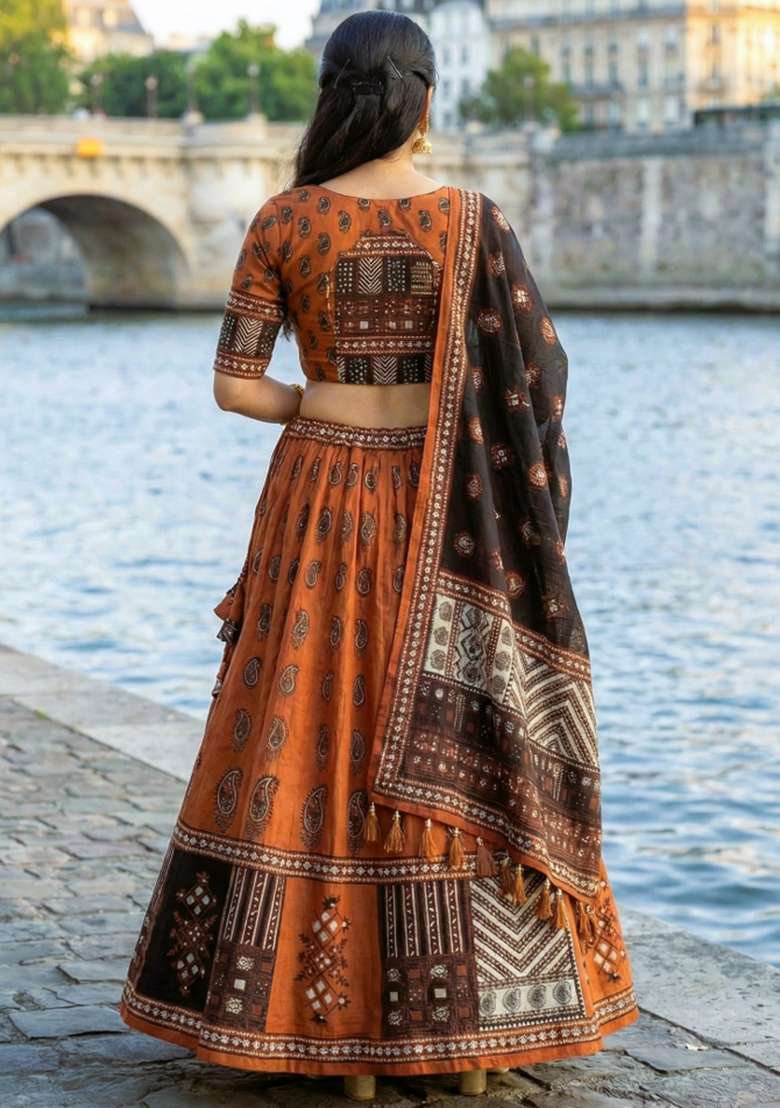 Orange Rayon Lehenga Set with Printed for Diwali | Wedding & Festive Wear - Indya