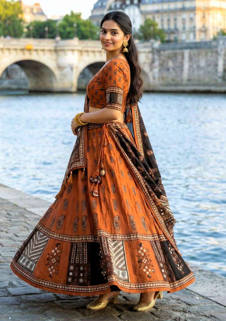 Orange Rayon Lehenga Set with Printed for Diwali | Wedding & Festive Wear - Indya