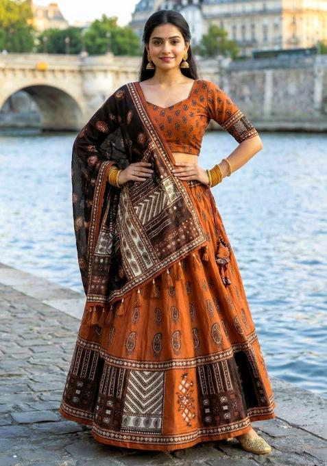 Orange Printed Rayon Lehenga Set