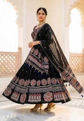Black Printed Rayon Lehenga Set