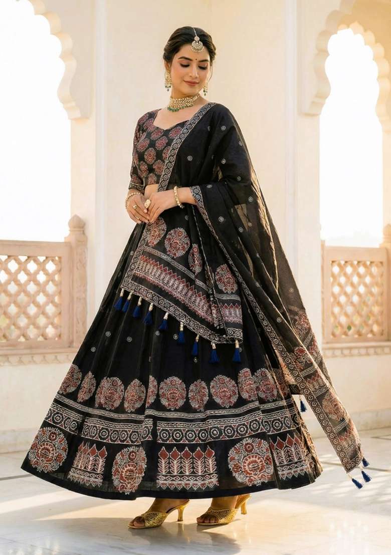 Black Rayon Lehenga Set with Printed for Diwali | Wedding & Festive Wear - Indya