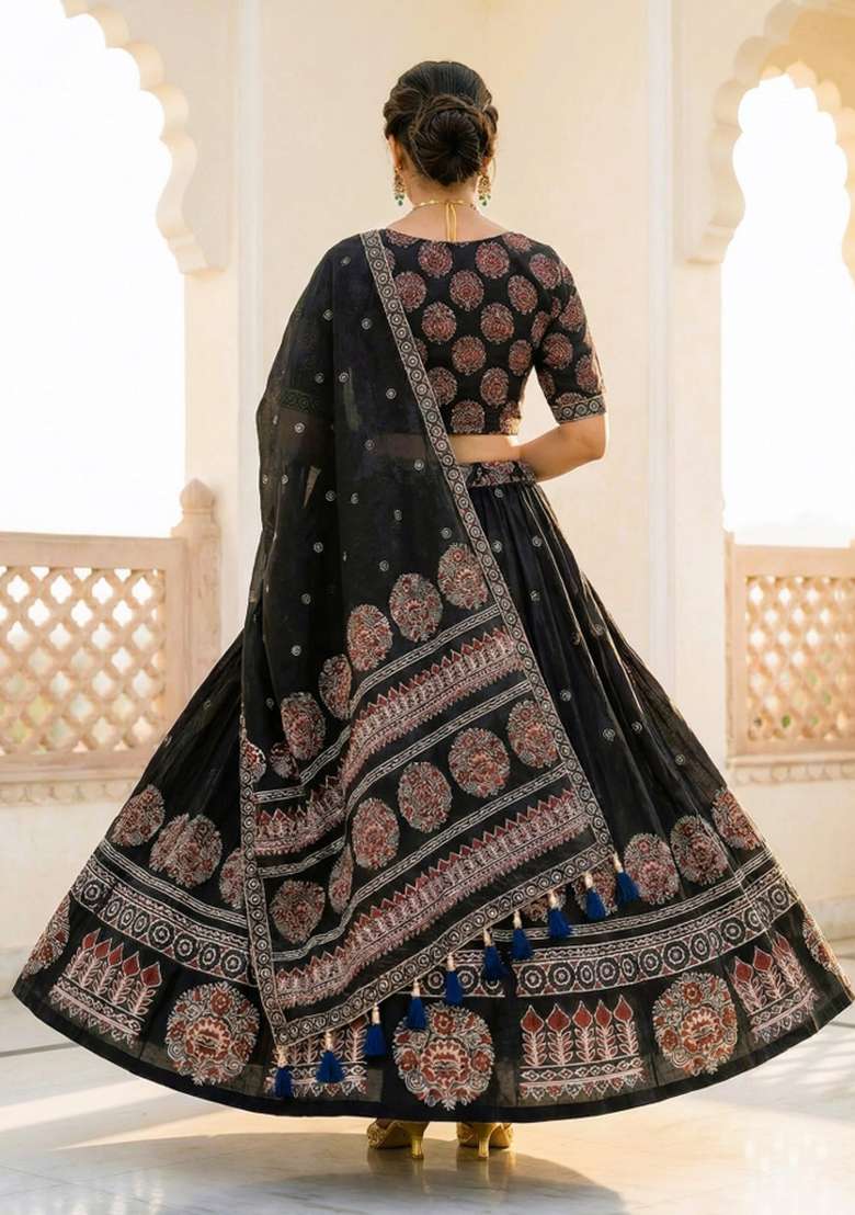 Black Rayon Lehenga Set with Printed for Diwali | Wedding & Festive Wear - Indya