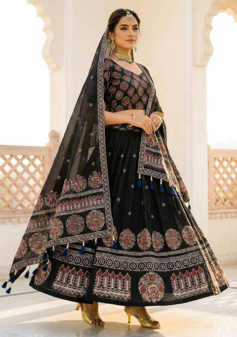 Black Rayon Lehenga Set with Printed for Diwali | Wedding & Festive Wear - Indya