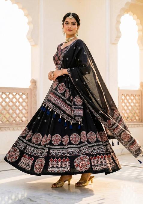 Black Printed Rayon Lehenga Set
