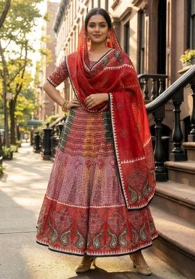 Red Printed Rayon Lehenga Set