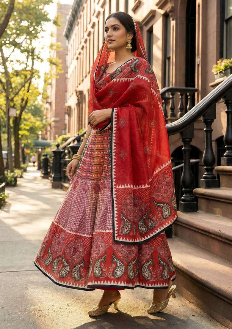 Red Rayon Lehenga Set with Printed for Diwali | Wedding & Festive Wear - Indya