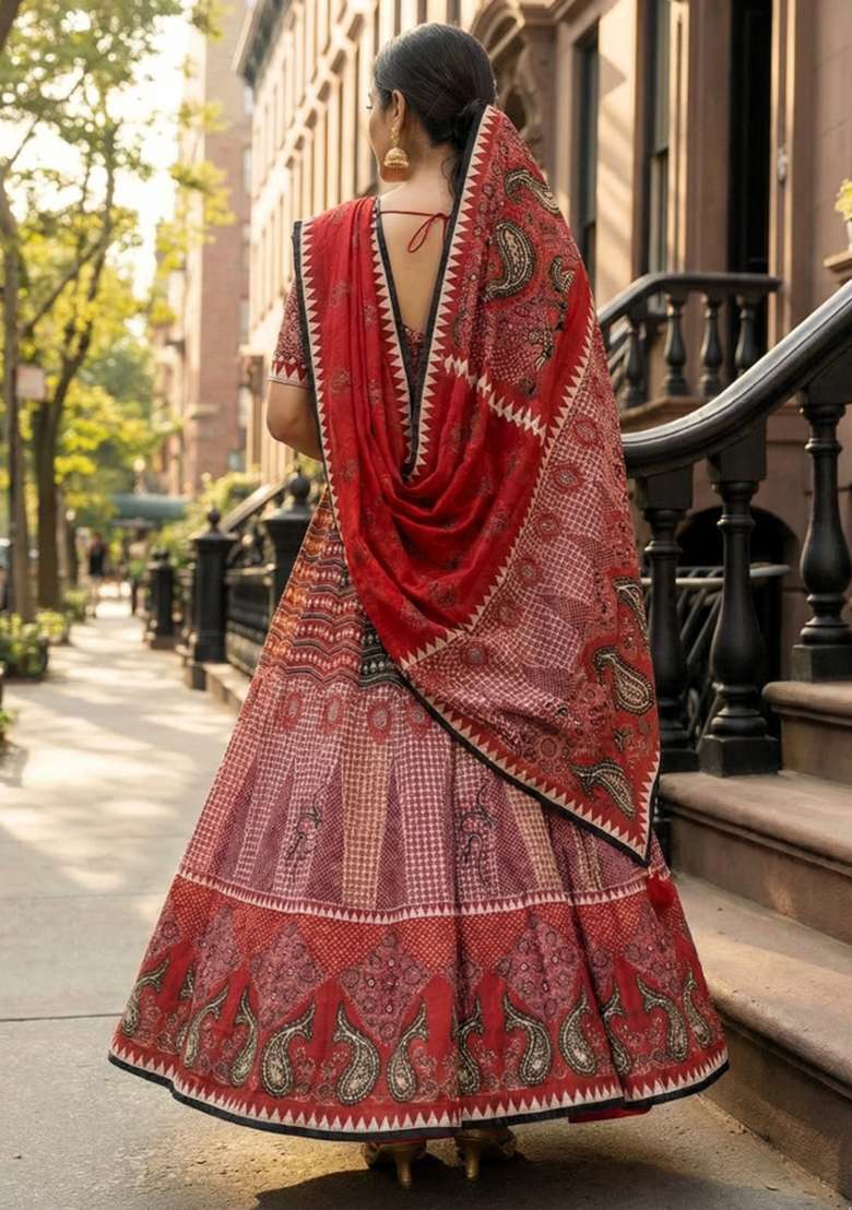 Red Rayon Lehenga Set with Printed for Diwali | Wedding & Festive Wear - Indya