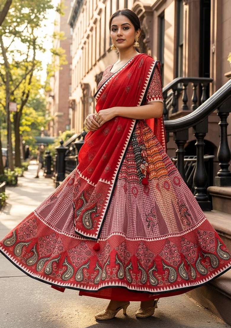 Red Rayon Lehenga Set with Printed for Diwali | Wedding & Festive Wear - Indya