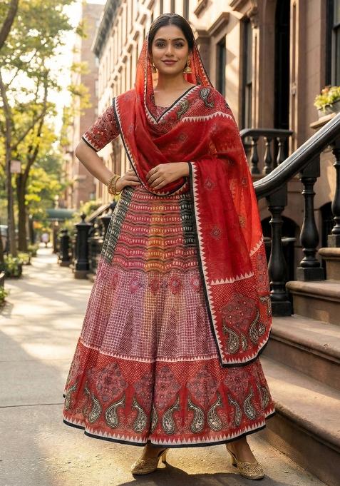 Red Printed Rayon Lehenga Set