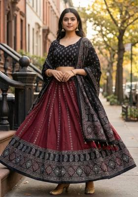 Maroon Printed Rayon Lehenga Set