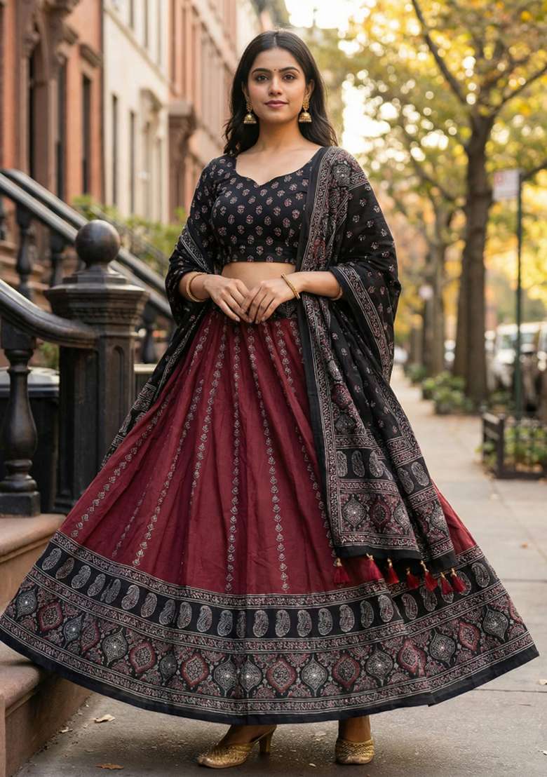 Maroon Rayon Lehenga Set with Printed for Diwali | Wedding & Festive Wear - Indya
