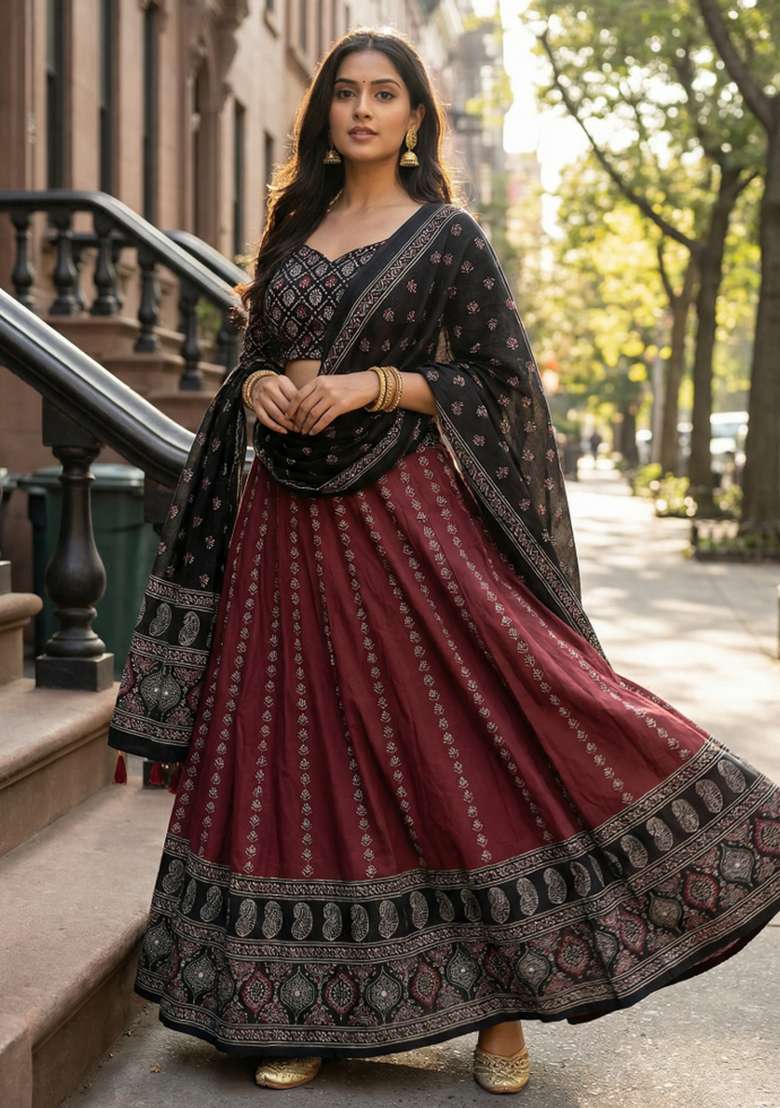 Maroon Rayon Lehenga Set with Printed for Diwali | Wedding & Festive Wear - Indya