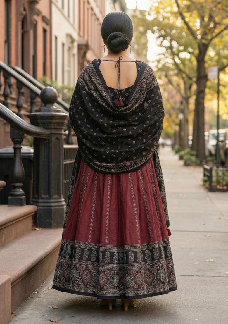 Maroon Rayon Lehenga Set with Printed for Diwali | Wedding & Festive Wear - Indya