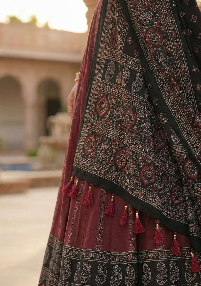 Maroon Rayon Lehenga Set with Printed for Diwali | Wedding & Festive Wear - Indya