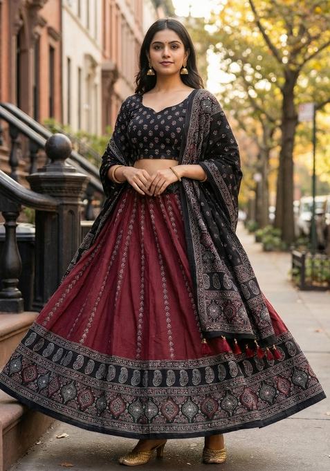 Maroon Printed Rayon Lehenga Set