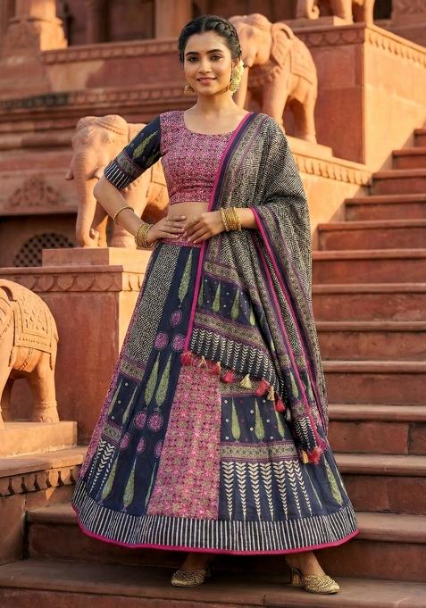 Blue Printed Rayon Lehenga Set