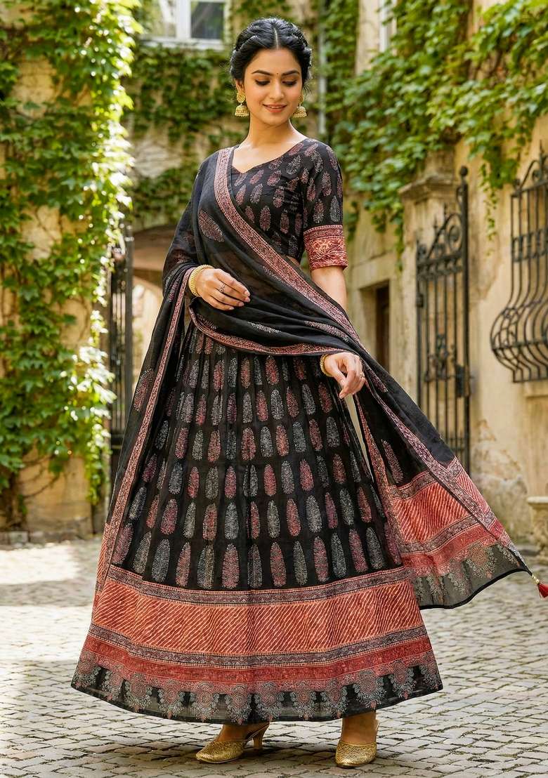 Black Printed Rayon Lehenga Set for Diwali and Festive Wear - Indya