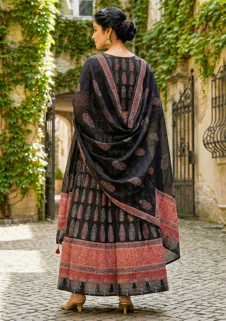Black Printed Rayon Lehenga Set for Diwali and Festive Wear - Indya