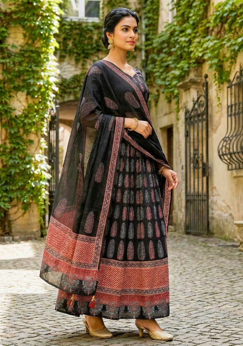 Black Printed Rayon Lehenga Set for Diwali and Festive Wear - Indya