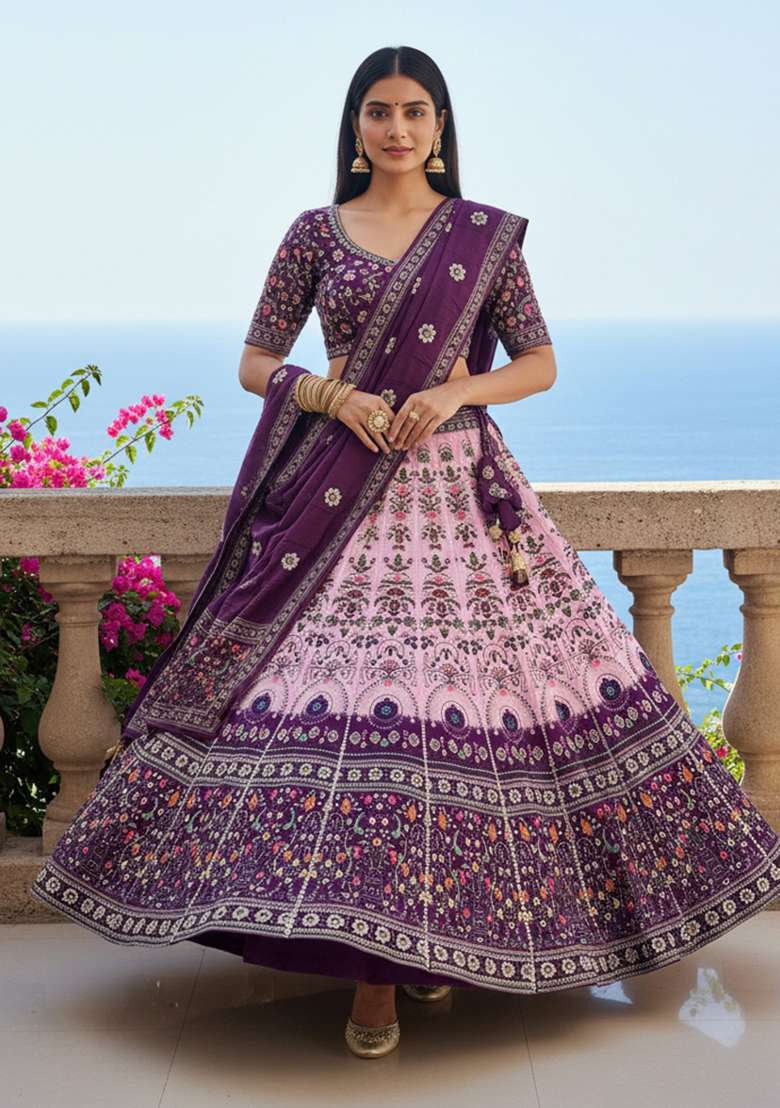 Purple Printed Rayon Lehenga Set for Diwali and Festive Wear - Indya