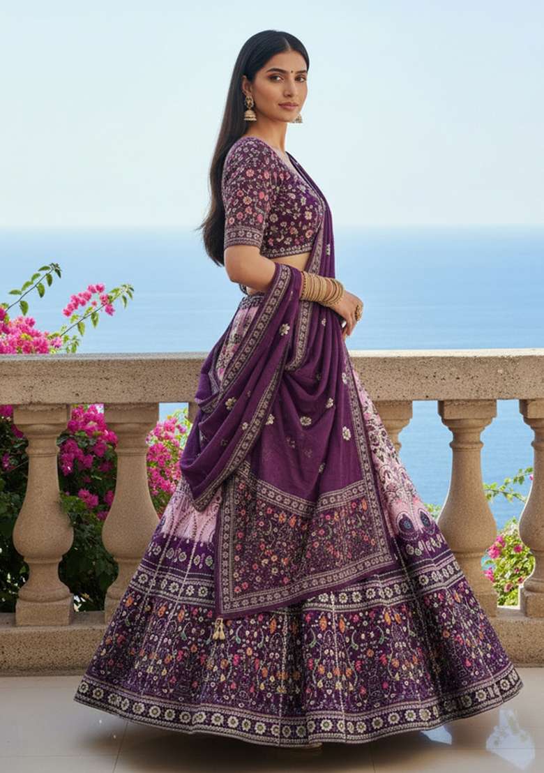 Purple Printed Rayon Lehenga Set for Diwali and Festive Wear - Indya