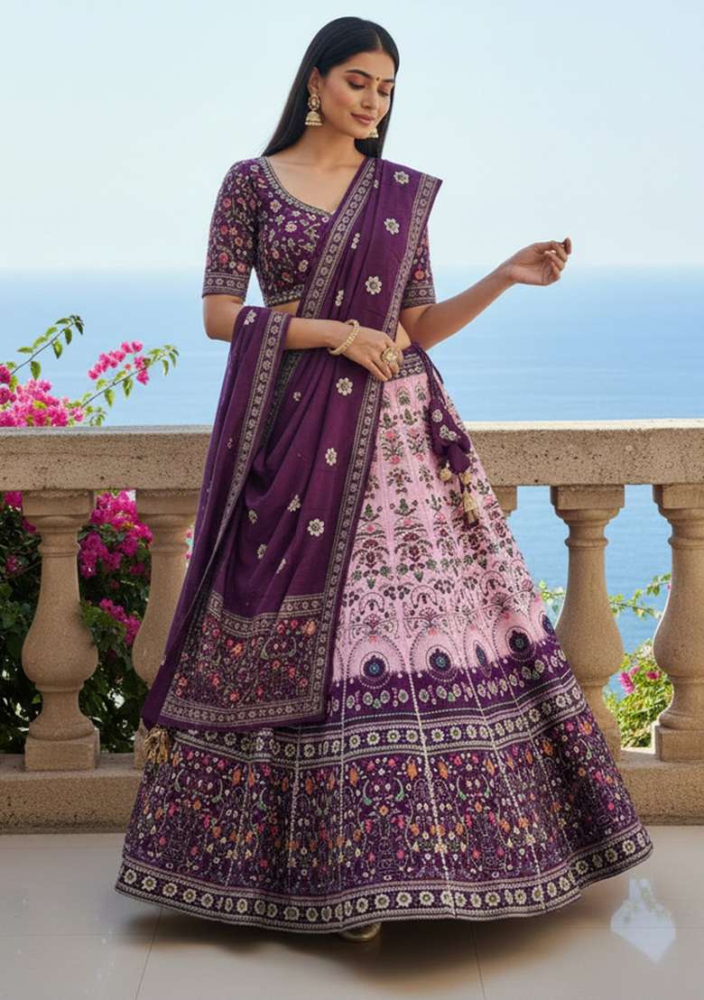 Purple Printed Rayon Lehenga Set for Diwali and Festive Wear - Indya