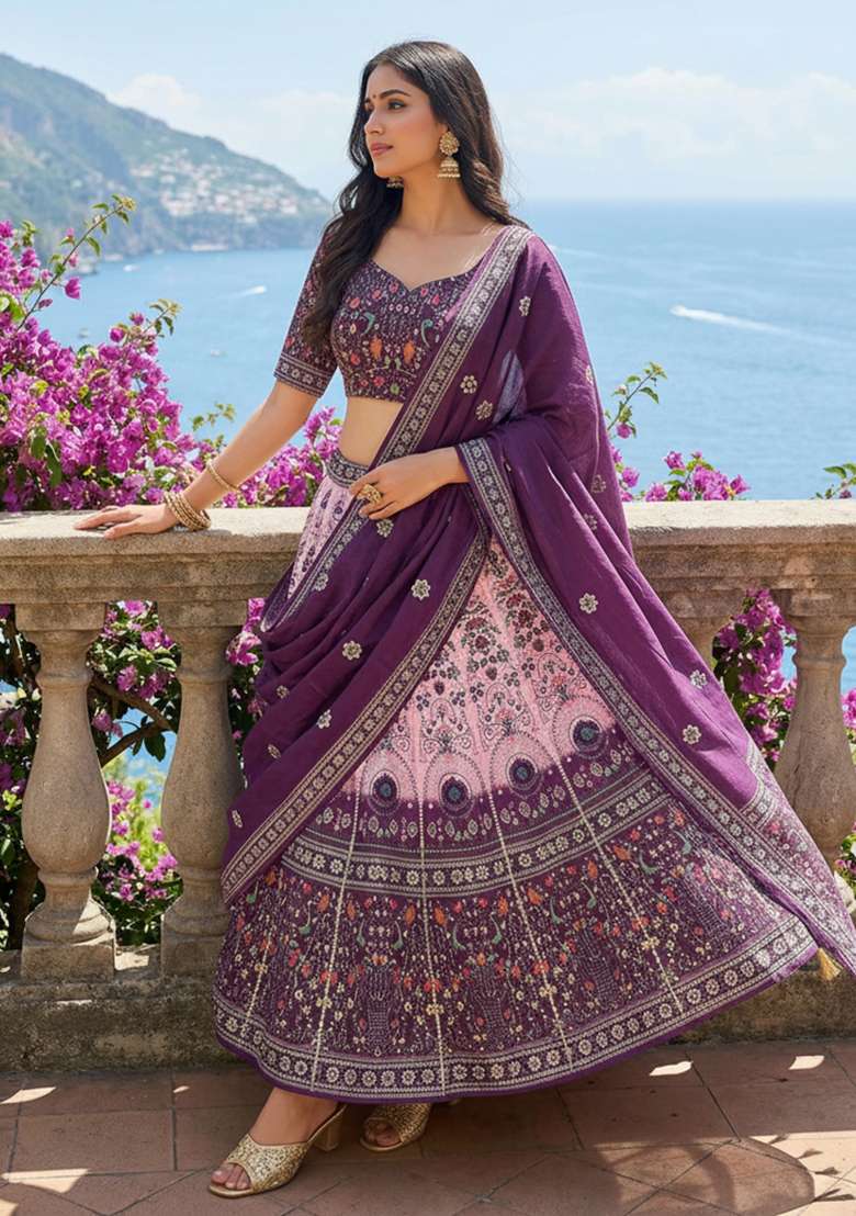 Purple Printed Rayon Lehenga Set for Diwali and Festive Wear - Indya