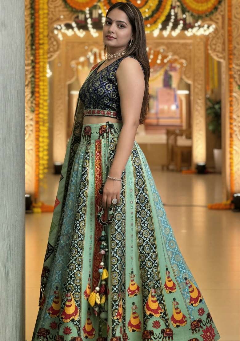 Olive Rayon Lehenga Set with Printed for Diwali | Wedding & Festive Wear - Indya