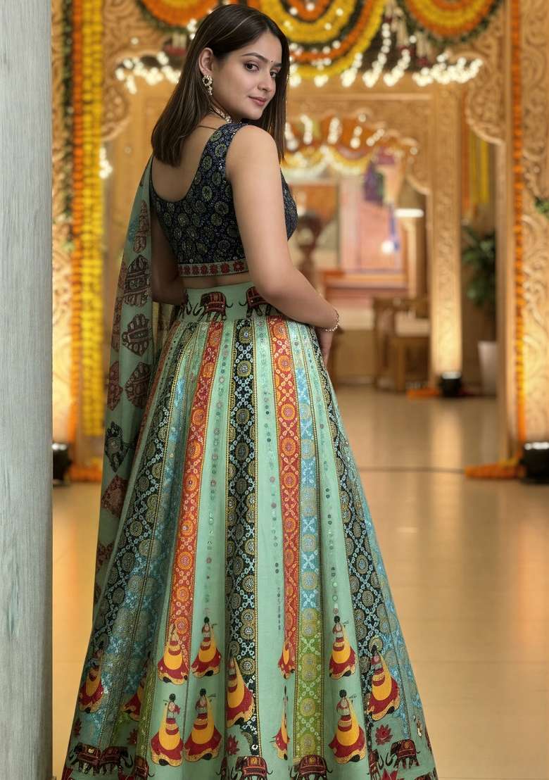 Olive Rayon Lehenga Set with Printed for Diwali | Wedding & Festive Wear - Indya