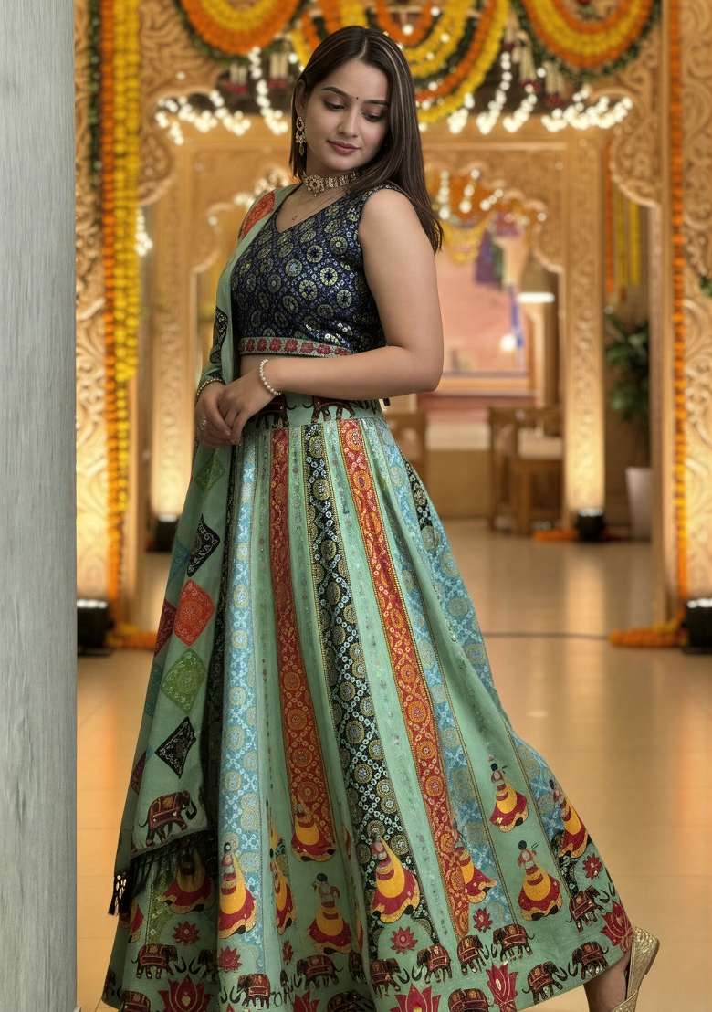 Olive Rayon Lehenga Set with Printed for Diwali | Wedding & Festive Wear - Indya
