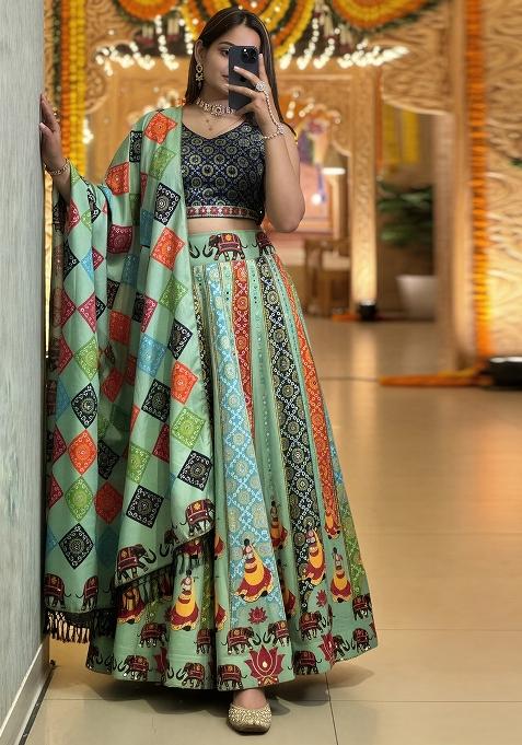 Olive Printed Rayon Lehenga Set