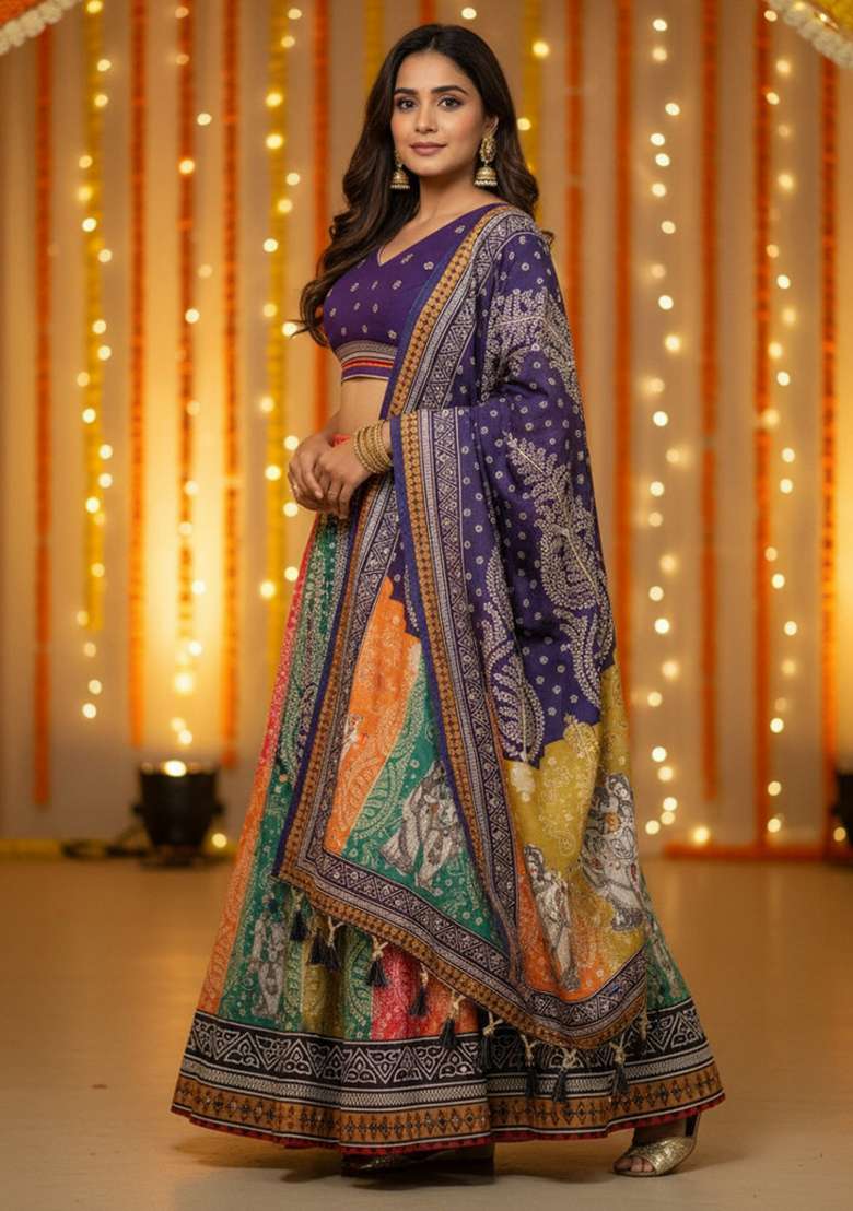 Multicolor Printed Rayon Lehenga Set for Diwali and Festive Wear - Indya