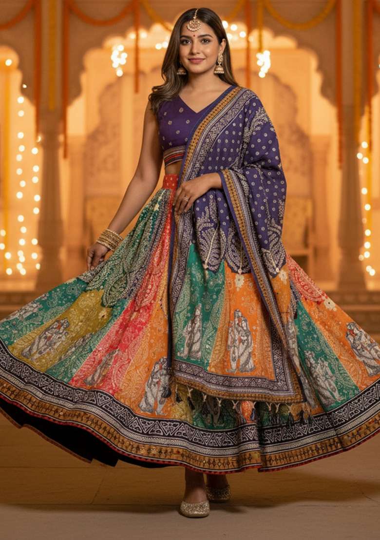 Multicolor Printed Rayon Lehenga Set for Diwali and Festive Wear - Indya